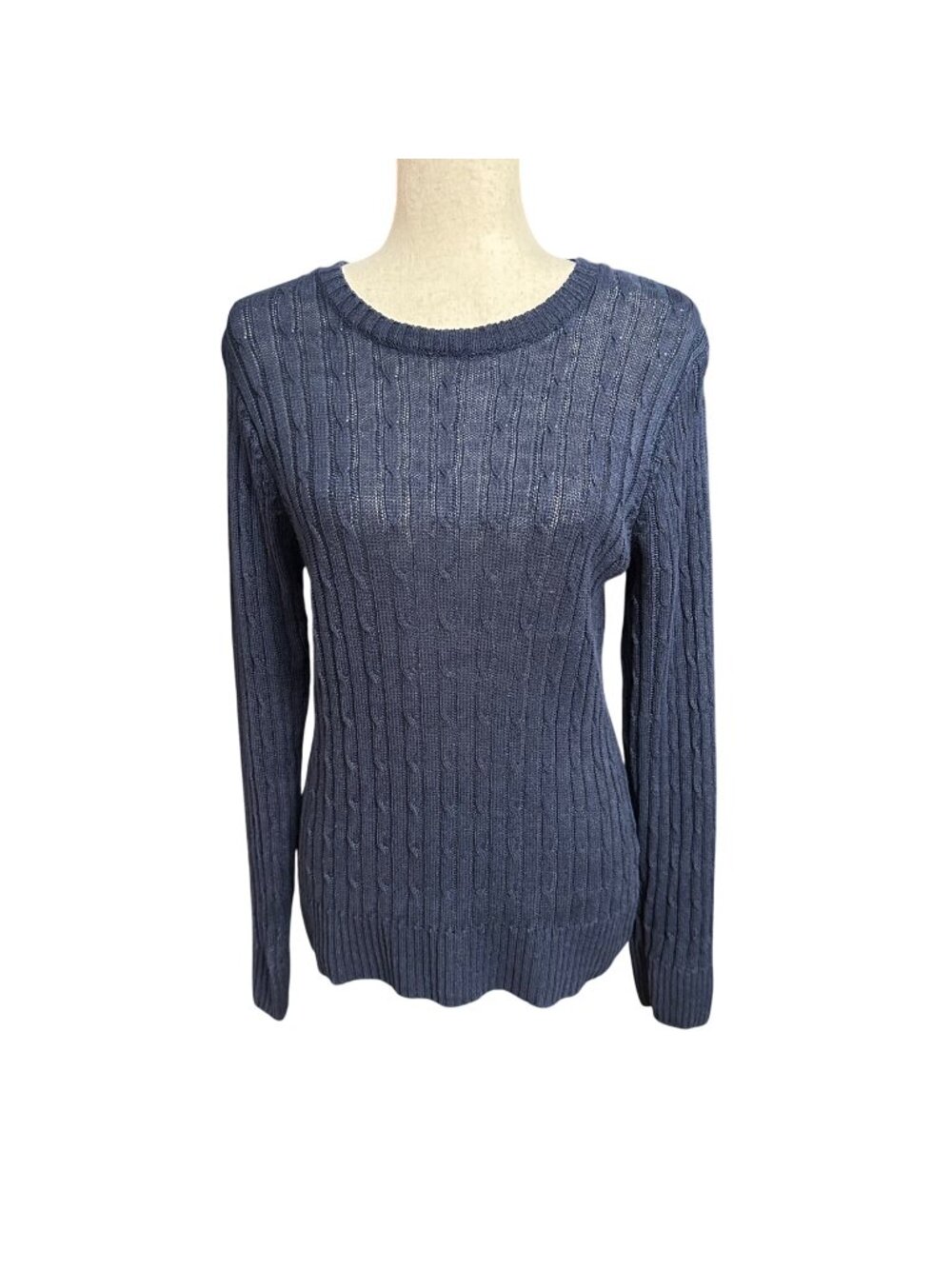 Carole Little Sweater Women XL Navy Blue 100% Linen Cable Knit Long Sleeve